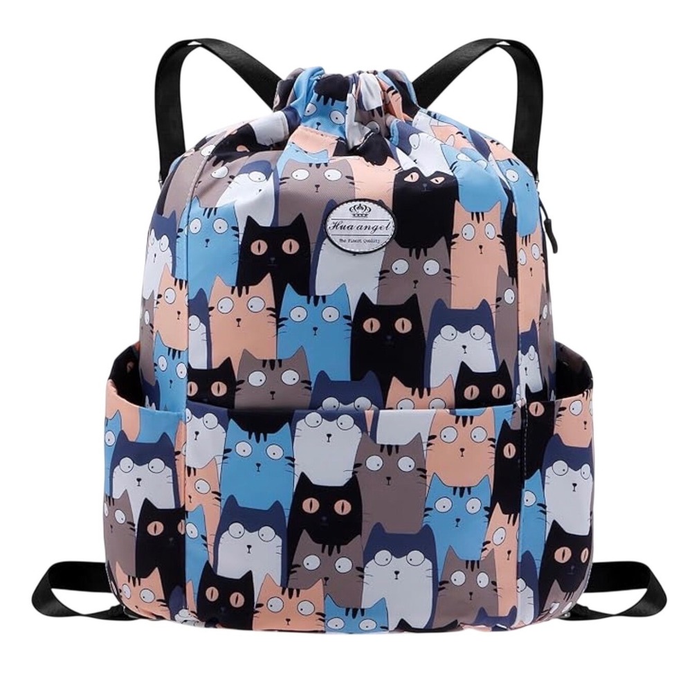 Hua Angel Cat Kittens Feline Print Cinch Drawstring Backpack Pink Blue New